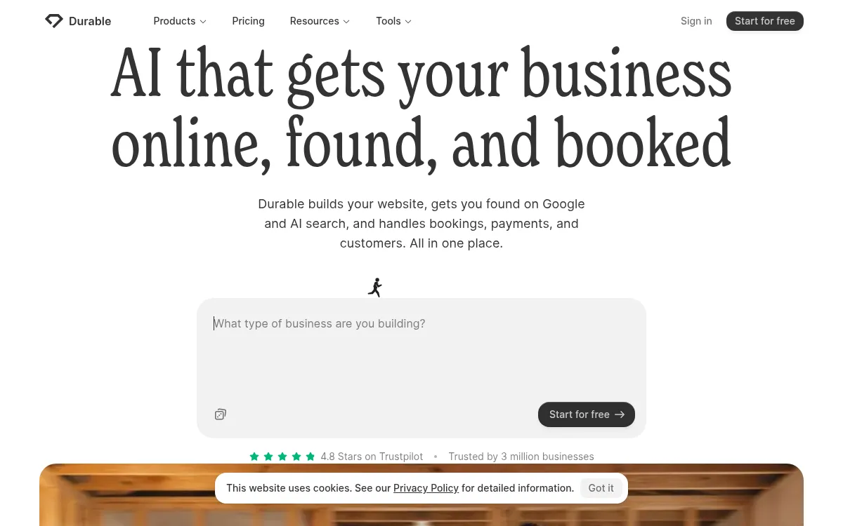 Durable homepage screenshot