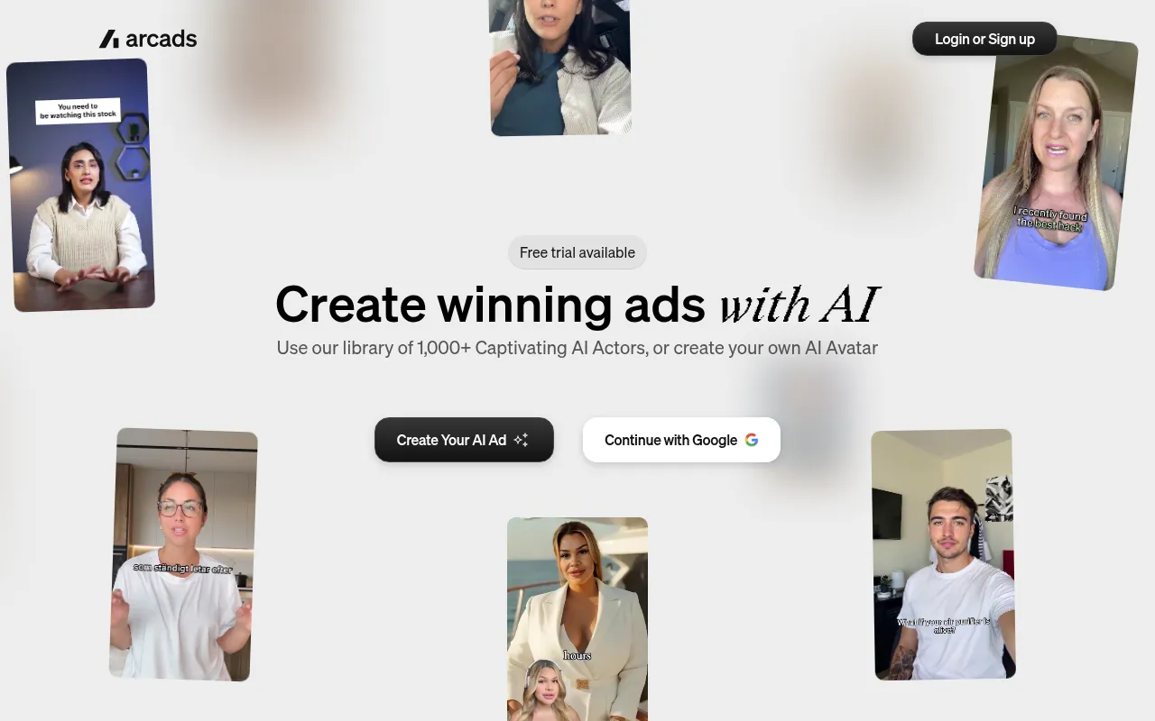 Arcads homepage screenshot