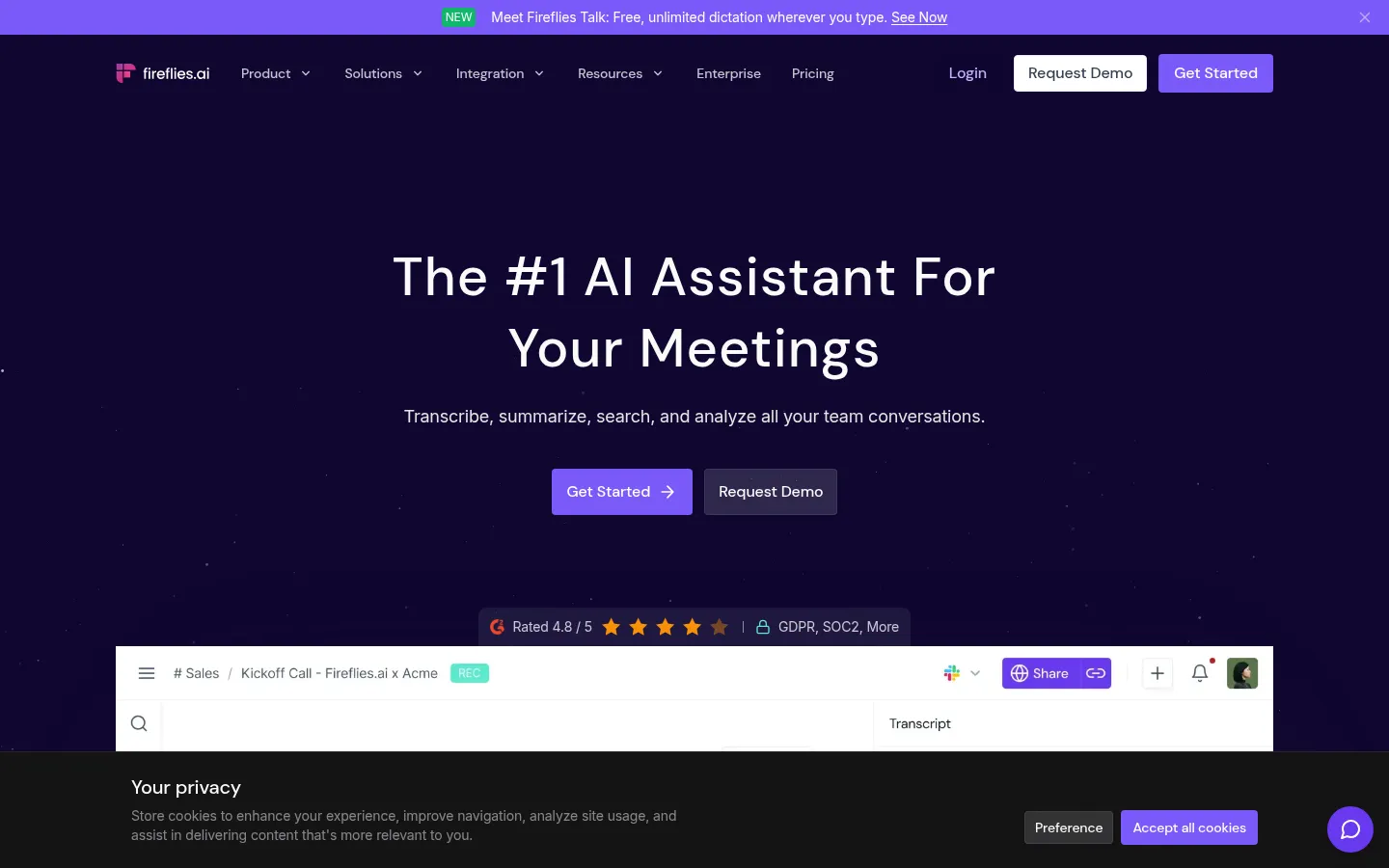 Fireflies.ai homepage screenshot