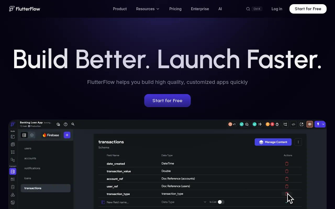FlutterFlow homepage screenshot