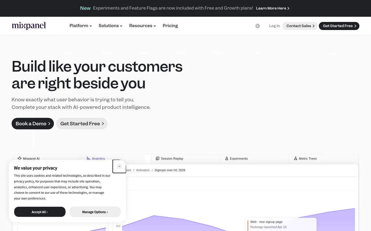 Mixpanel homepage screenshot