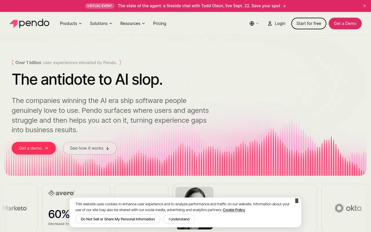 Pendo homepage screenshot
