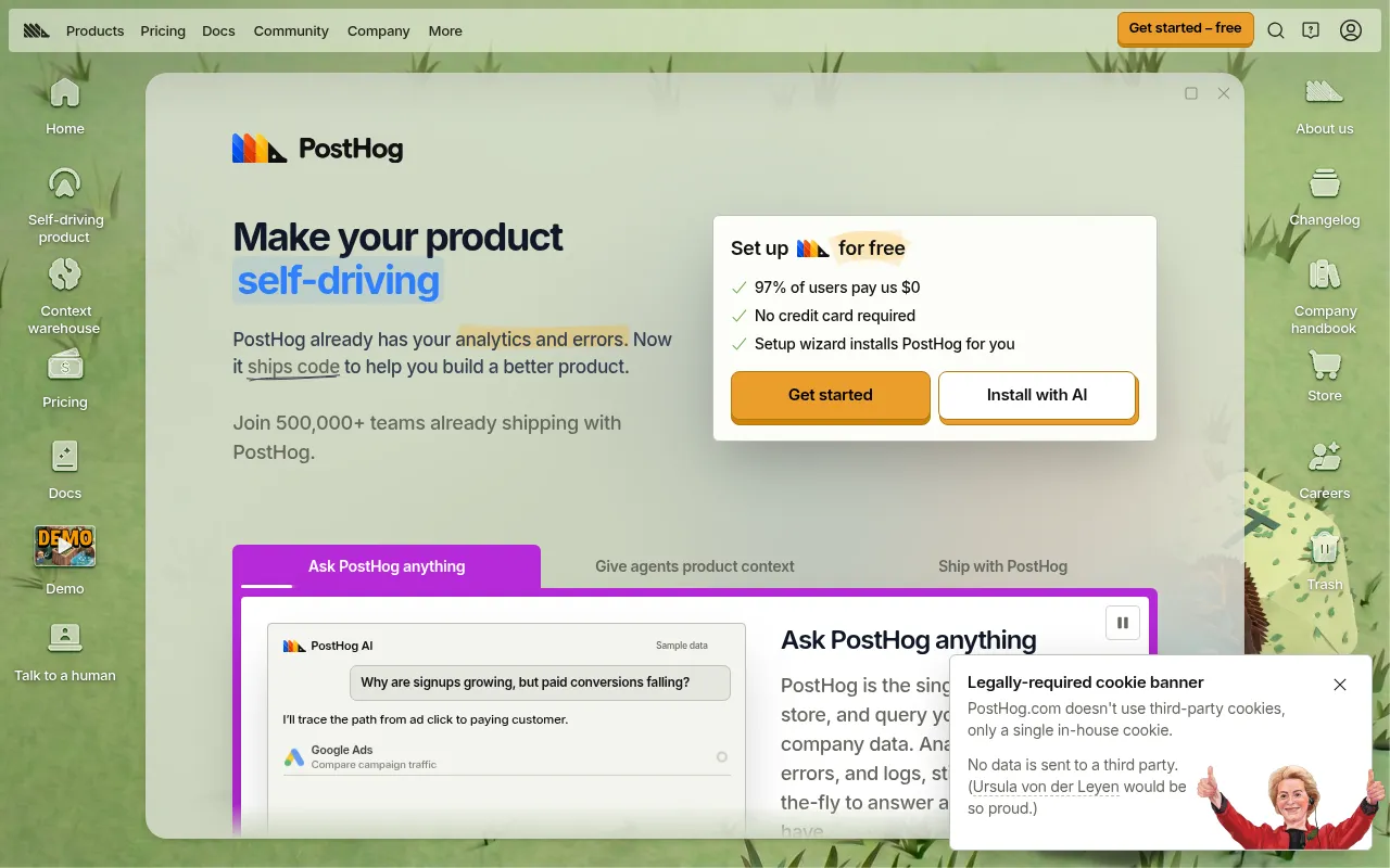 PostHog homepage screenshot