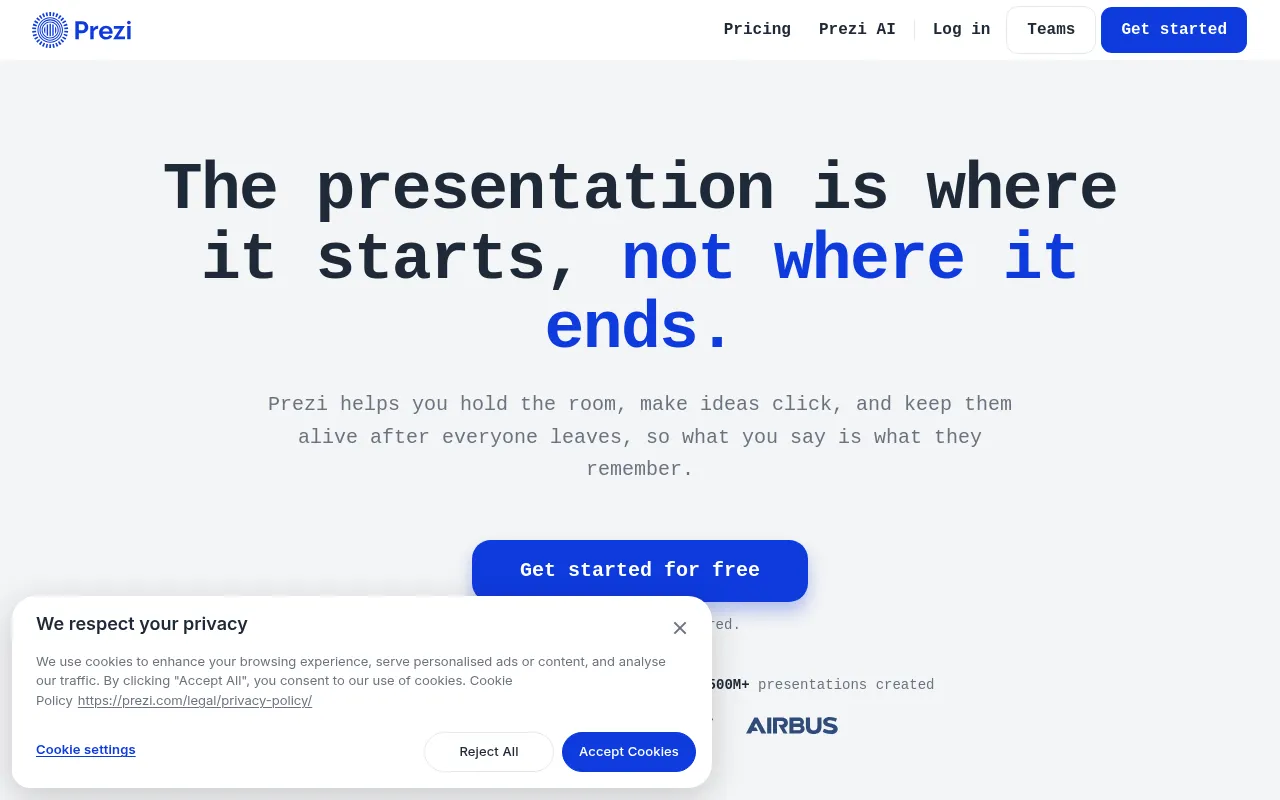 Prezi homepage screenshot